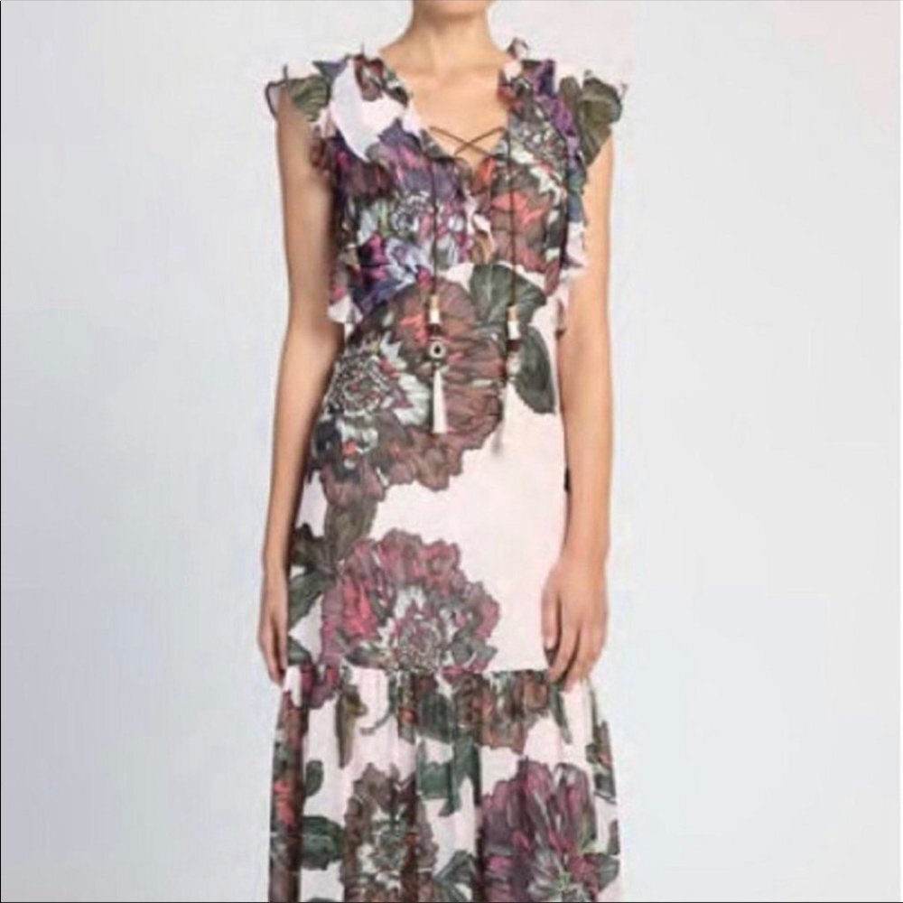 Badgley Mischka Pink Floral Ruffle Sleeve Flowy Maxi Dress Size 2
